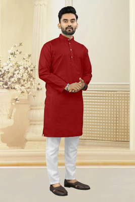 Shree Dutt Creation Men Solid Straight Kurta(Red)
