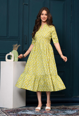 INSTA CRAFT Women Kalamkari Anarkali Kurta(Yellow)