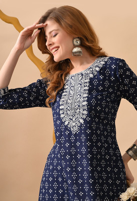 KJFAB Women Embroidered Straight Kurta(Dark Blue)