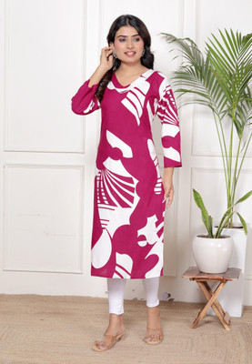 aashub Women Abstract Straight Kurta(Red)