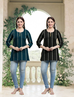 Royality Women Striped Anarkali Kurta(Blue, Black)