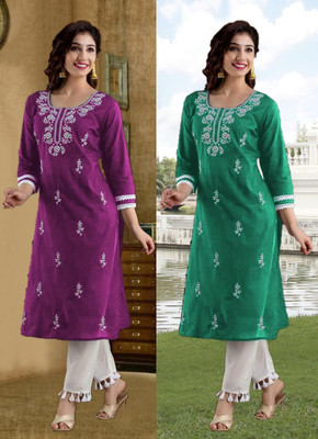 SISTO Women Chikan Embroidery Straight Kurta(Multicolor)