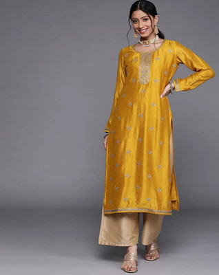 Parwati Creation Women Embroidered A-line Kurta(Yellow)