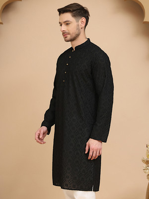 ANOUK Men Embroidered Straight Kurta(Black)