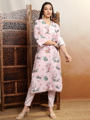 Vishudh Women Printed Straight Kurta(Pink)