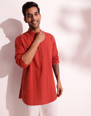 Fabindia Men Striped Straight Kurta(Red)