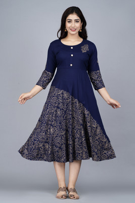 SHEDRESS Women Block Print Anarkali Kurta(Blue)