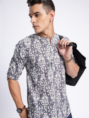 Anouk Rustic Men Printed Straight Kurta(Grey)