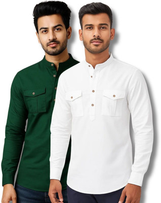 CROWNTAIL Men Solid Straight Kurta(Green, White)
