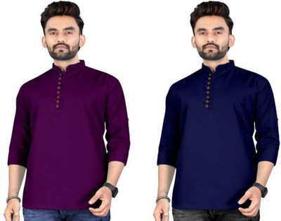 TRUST OUS Men Self Design Asymmetric Kurta(Blue, Purple)