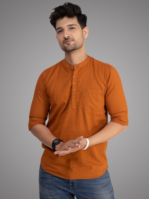 D Finish Men Solid Straight Kurta(Orange)