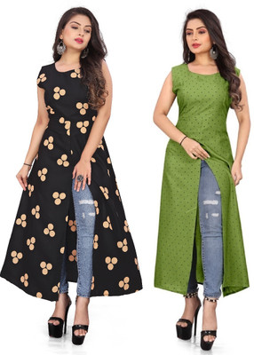 maruti fab Women Printed, Polka Print Frontslit Kurta(Green)