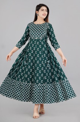 PRADHRUHE Women Printed Anarkali Kurta(Green)