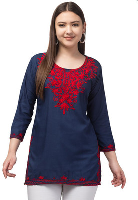 Peekdee Women Embroidered A-line Kurta(Dark Blue)