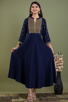 MF HAYAT Women Embroidered Gown Kurta(Blue)