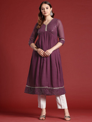ANOUK Women Embellished A-line Kurta(Brown)