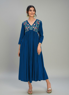 irtiqa Women Gathered Blue Midi/Calf Length Dress