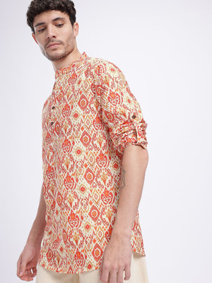 Anouk Rustic Men Printed Straight Kurta(Beige, Orange)