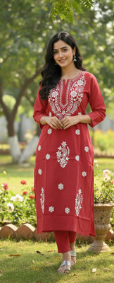 ChikankariArts Women Chikan Embroidery, Embroidered Straight Kurta(Black)