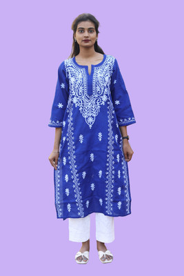 J K FASHION Women Chikan Embroidery, Embroidered Straight Kurta(Dark Blue)