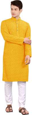 ZEDIN Men Embroidered Straight Kurta(Yellow)