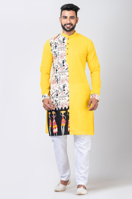 Rainbow Cloths Men Tribal Straight Kurta(Yellow)