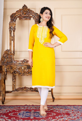 Sammarsa Women Embroidered A-line Kurta(Yellow)