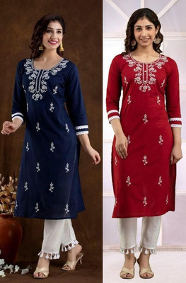 vikshi Women Chikan Embroidery A-line Kurta(Multicolor)