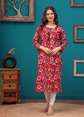 THAWAR JI Women Printed Straight Kurta(Maroon)