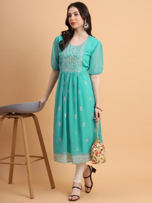 Sasta Bazar Women Embroidered Flared Kurta(Light Blue)