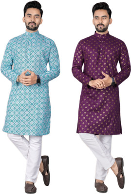 DHASU TRENDZ Men Printed Straight Kurta(Light Blue, Purple)