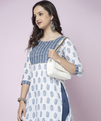 Shions Women Printed Straight Kurta(White, Blue)