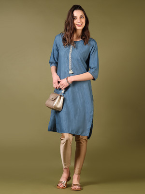 V-MART Women Self Design A-line Kurta(Blue)