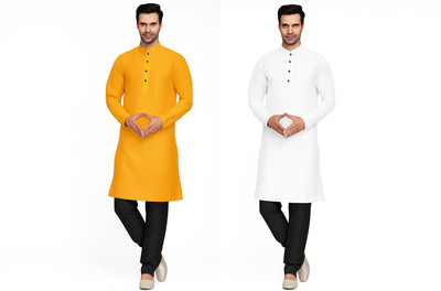 PRIDE SALES Men Solid Straight Kurta(White, Yellow)