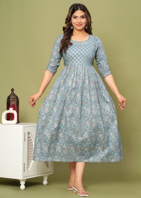 PARSHITA COUTURE Women Floral Print Anarkali Kurta(Light Blue)