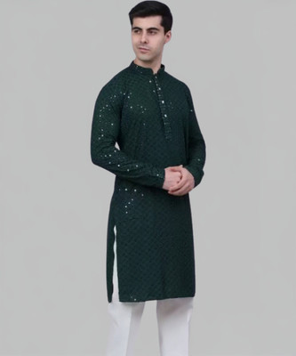 Shree Dutt Creation Men Chikan Embroidery Straight Kurta(Green)