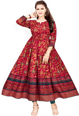 MORAA Women Printed, Applique Anarkali Kurta(Yellow, Maroon)