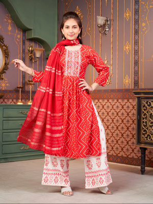 MUHURATAM Girls Embroidered Flared Kurta(Red)