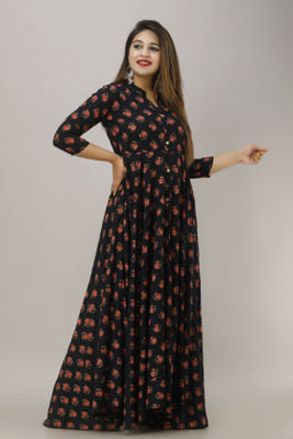 ftDiva Women Floral Print Anarkali Kurta(Dark Blue)