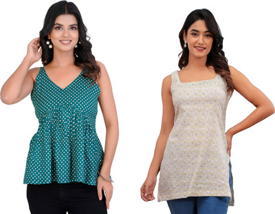 Label Adrija Women Floral Print, Striped Tunic Kurta(White, Dark Green)