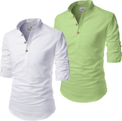 UNIFAV Men Solid Straight Kurta(Light Green, White)