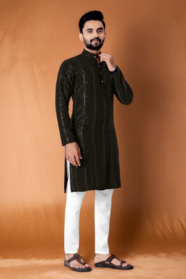TRANDTIDE Men Embroidered Straight Kurta(Brown)