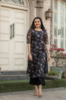 GLORYFEB Women Floral Print A-line Kurta(Black)