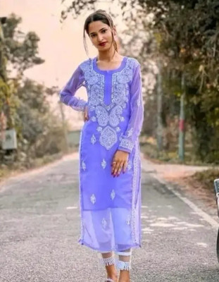 CHIKANKARI BY KK Women Embellished Straight Kurta(Purple)