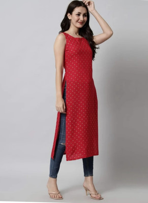 rainy rose Women Printed Straight Kurta(Red)