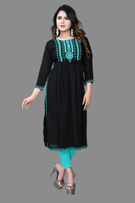 Haya Women Embroidered Straight Kurta(Black, Blue)