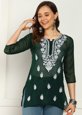 TOP N THREAD Women Chikan Embroidery, Embroidered, Self Design A-line Kurta(Green)