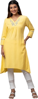 Globus Women Embroidered High Low Kurta(Yellow)