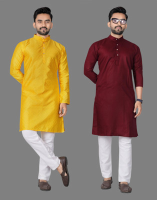 DHASU TRENDZ Men Self Design, Solid Straight Kurta(Yellow, Maroon)