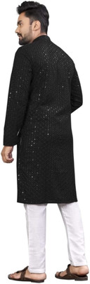 Alankrit Textiles Men Embroidered A-line Kurta(Black)
